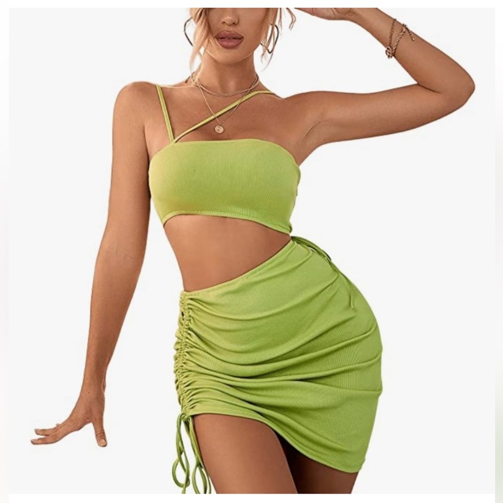 Shein Green Cut Out Waist Ruched Drawstring Mini Dress Size M